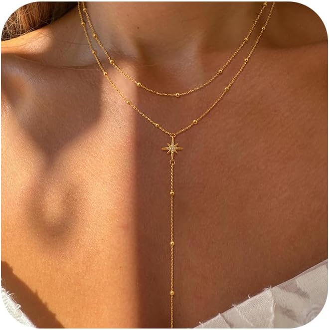 Funsanny Store Lariat Necklaces for Women - Dainty Long Necklace Trendy 14K Gold Plated Hypoallergenic Layered Long Y-Shape Sunburst CZ T-Bar Pendant Drop Chain Necklace Set for Women Non Tarinsh Jewelry - Image 1